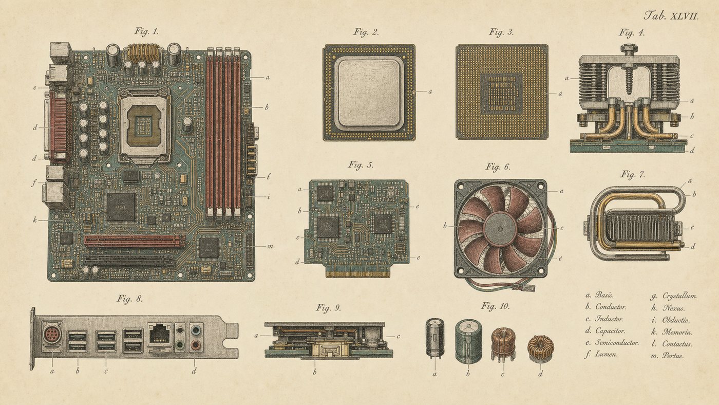 Antique specimen plate of a computer's internal components
