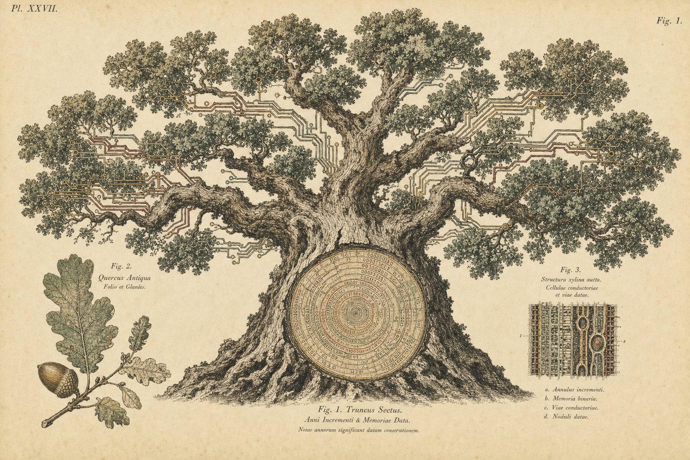 Antique botanical plate of an oak tree with circuit branches and data growth rings