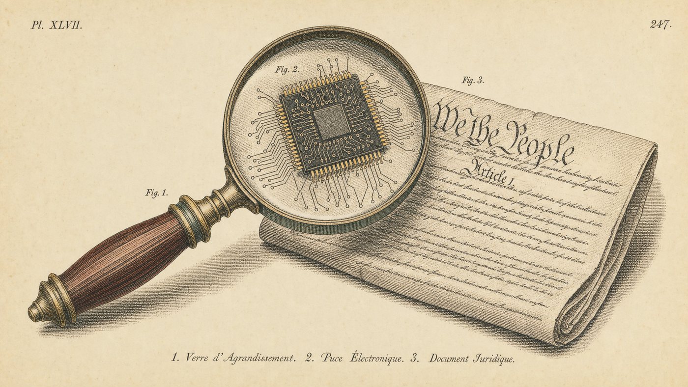 Antique engraving of a magnifying glass over a microchip and document