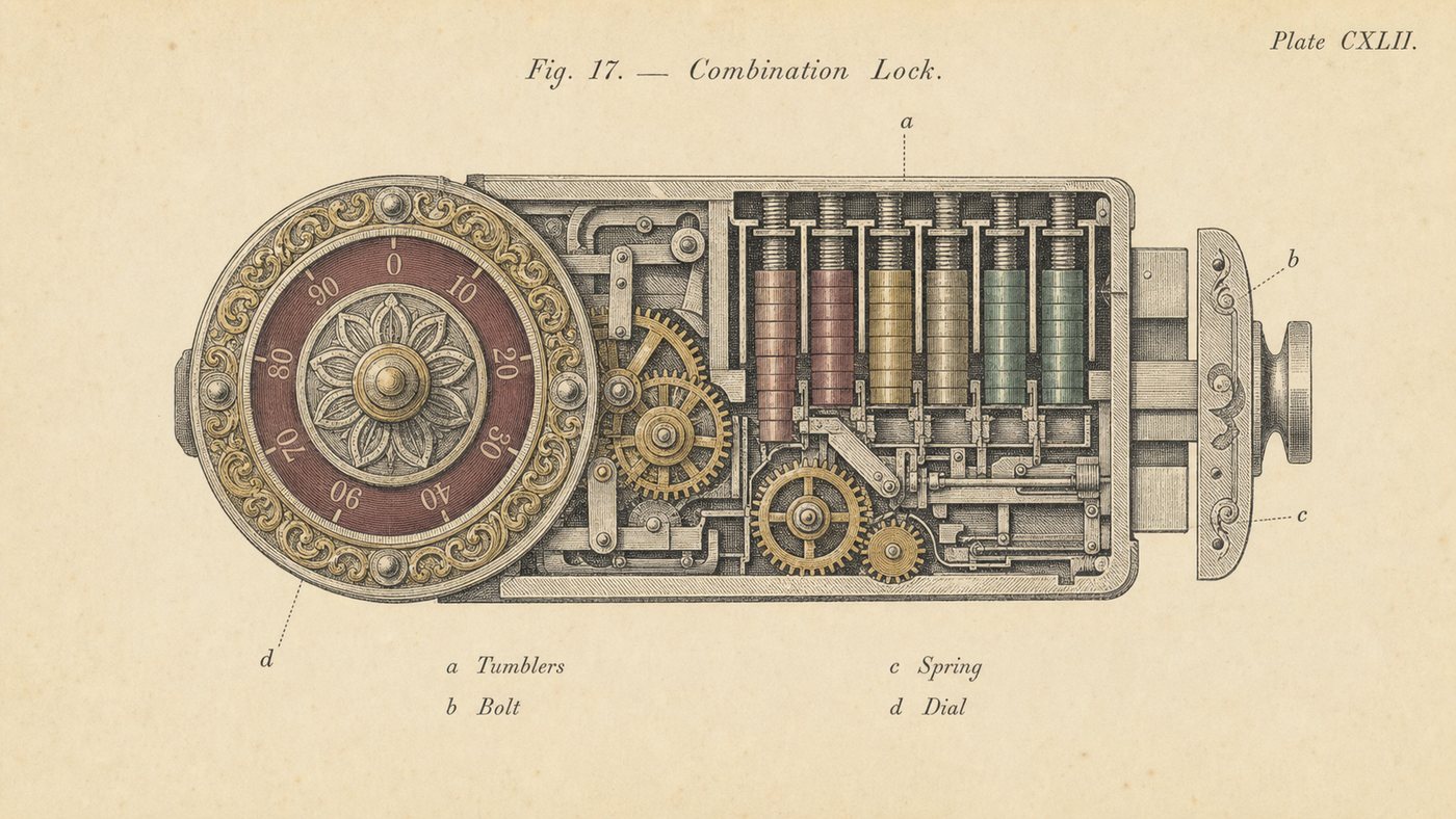 Antique cutaway engraving of a vault lock mechanism